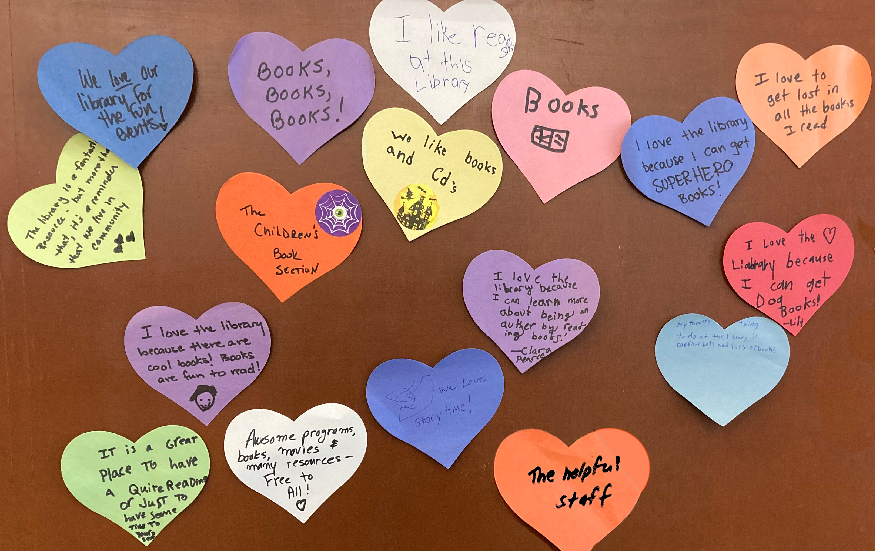 Hearts where you wrote your love of libraries - Please donate!