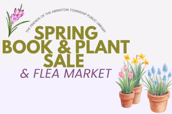 picture of illustrated spring potted plants and text for the friends fundraising event at the abington free library